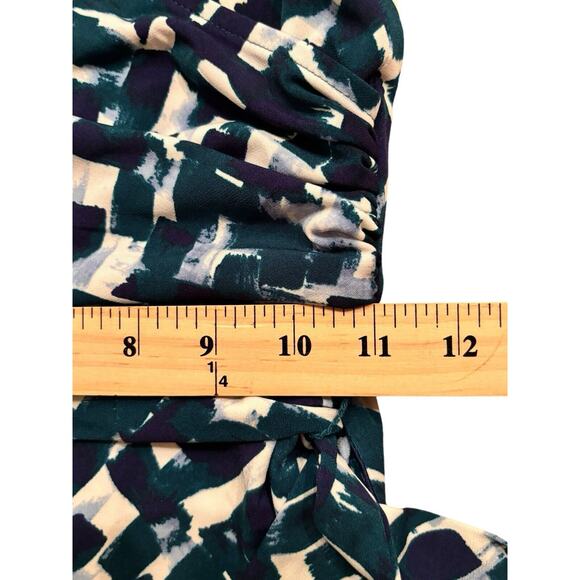 Eliza J Cap Sleeve Faux Wrap Belted Shirred Midi Dress Size 4 Green Blue White - Picture 5 of 10